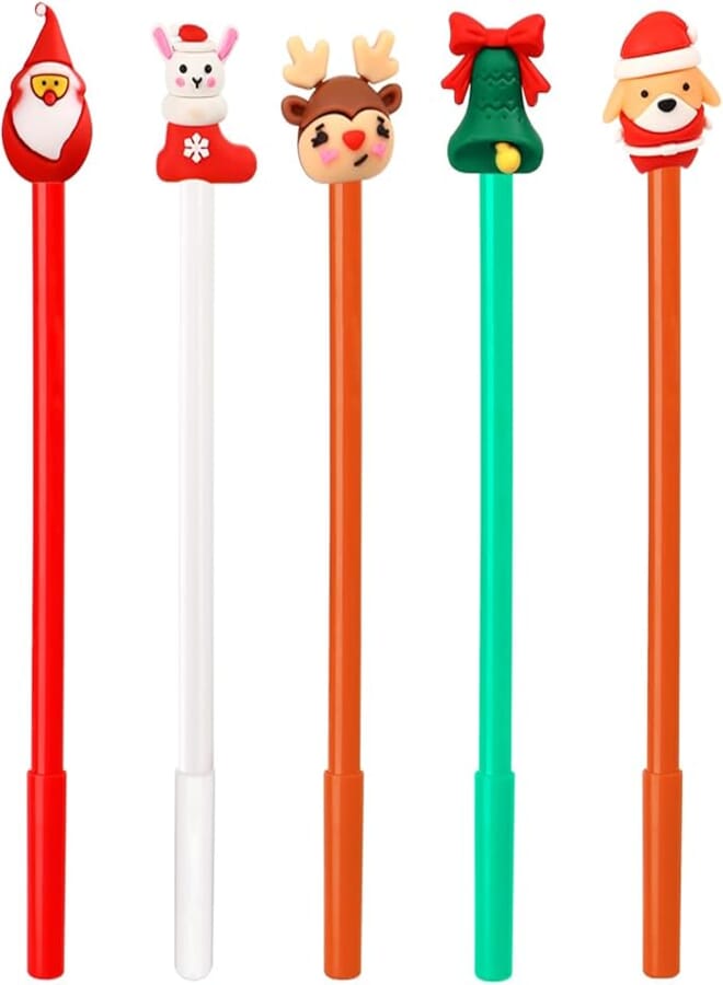 Christmas Pens Novelty Fun Cute Cartoon Rollerball Pen For Girls Boys Women Men Bulk, 5Pcs 5Styles Xmas Santa Reindeer Gel Black Ink Pens Gifts For Christmas Stocking&Hat